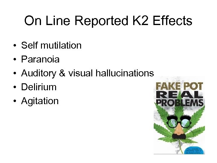 On Line Reported K 2 Effects • • • Self mutilation Paranoia Auditory &