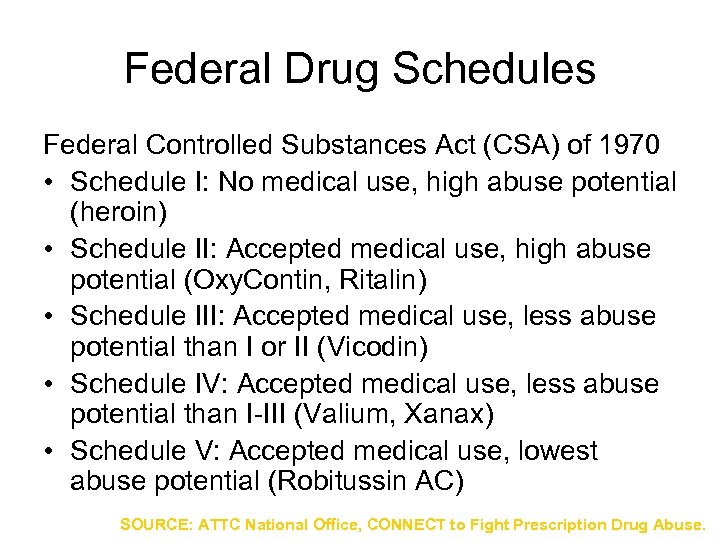 Federal Drug Schedules Federal Controlled Substances Act (CSA) of 1970 • Schedule I: No
