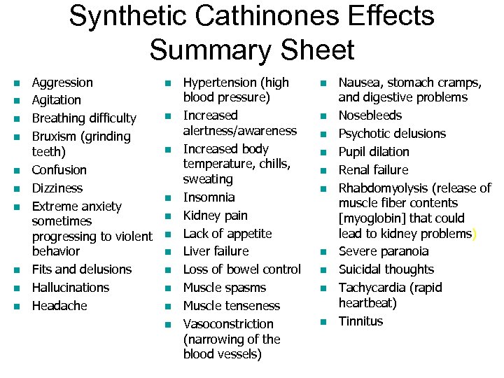 Synthetic Cathinones Effects Summary Sheet n n n n n Aggression Agitation Breathing difficulty