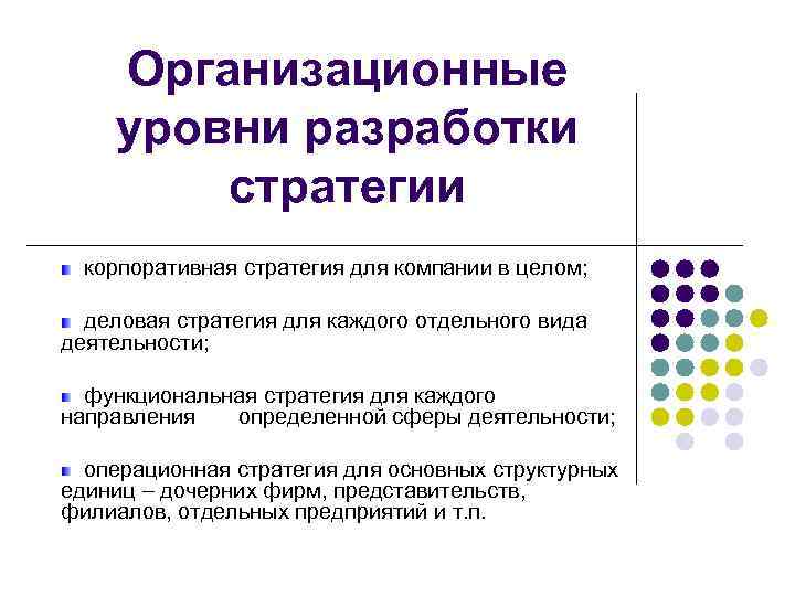 Организационные уровни разработки стратегии корпоративная стратегия для компании в целом; деловая стратегия для каждого
