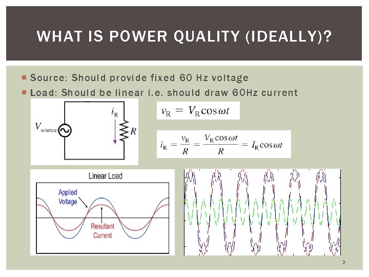 WHAT IS POWER QUALITY (IDEALLY)? Source: Should provide fixed 60 Hz voltage Load: Should