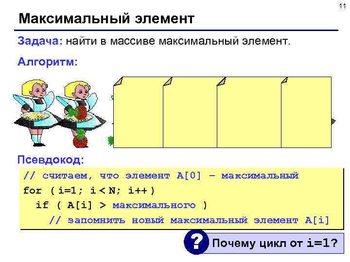 11 Максимальный элемент Задача: найти в массиве максимальный элемент. Алгоритм: Псевдокод: // считаем, что