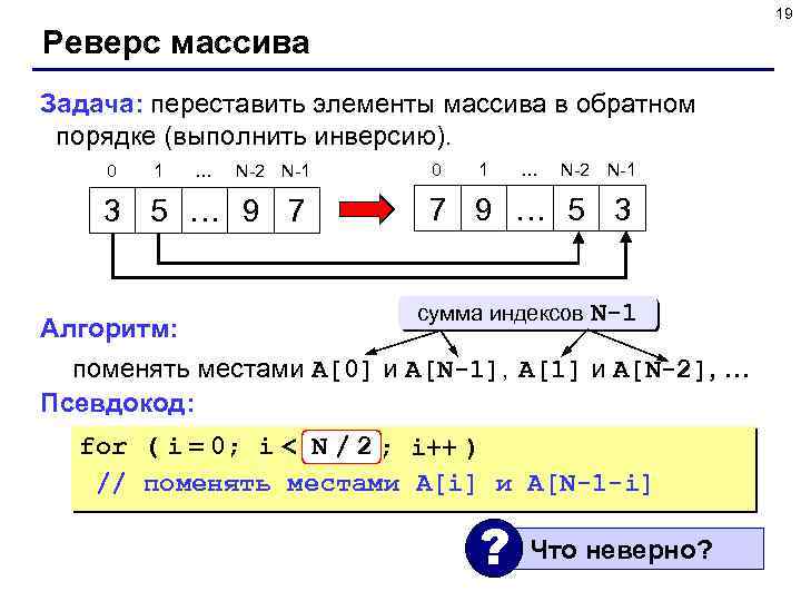 19 Реверс массива Задача: переставить элементы массива в обратном порядке (выполнить инверсию). 0 1