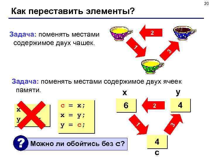 20 Как переставить элементы? 2 Задача: поменять местами содержимое двух чашек. 3 1 Задача: