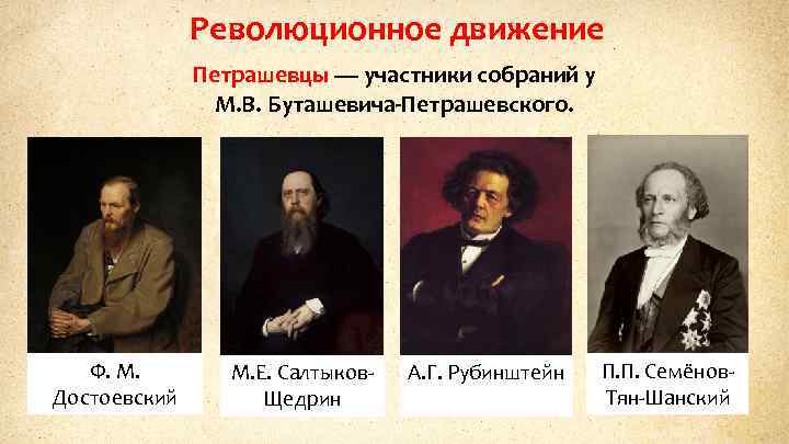 Революционное движение Петрашевцы — участники собраний у М. В. Буташевича-Петрашевского. Ф. М. Достоевский М.