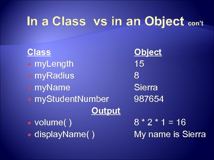 In a Class vs in an Object con’t Class my. Length my. Radius my.