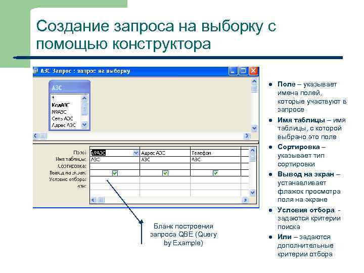 Создание запроса на выборку с помощью конструктора l l l Бланк построения запроса QBE