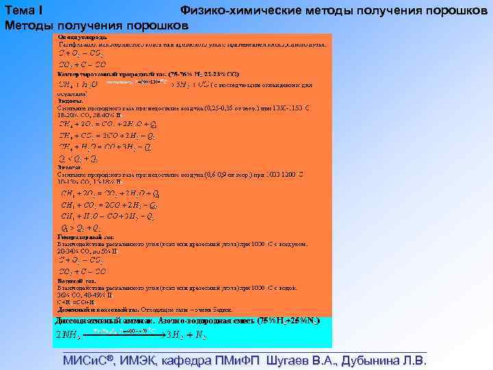 Тема I Физико химические методы получения порошков Методы получения порошков ___________________________ МИСи. С®, ИМЭК,