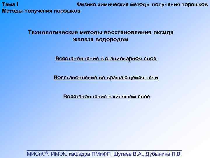 Тема I Физико химические методы получения порошков Методы получения порошков Технологические методы восстановления оксида