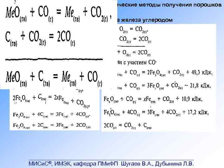 Тема I Физико химические методы получения порошков Методы получения порошков Восстановление оксида железа углеродом