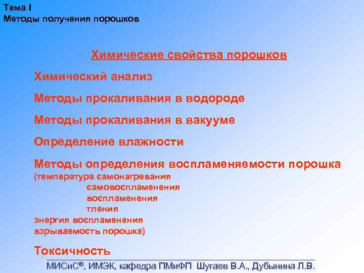 Тема I Методы получения порошков Химические свойства порошков Химический анализ Методы прокаливания в водороде