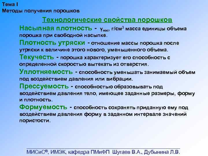 Тема I Методы получения порошков Технологические свойства порошков Насыпная плотность γнас, г/см 3 масса