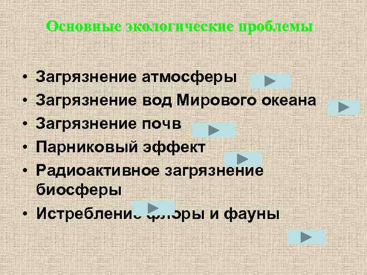 Основные экологические проблемы • • • Загрязнение атмосферы Загрязнение вод Мирового океана Загрязнение почв