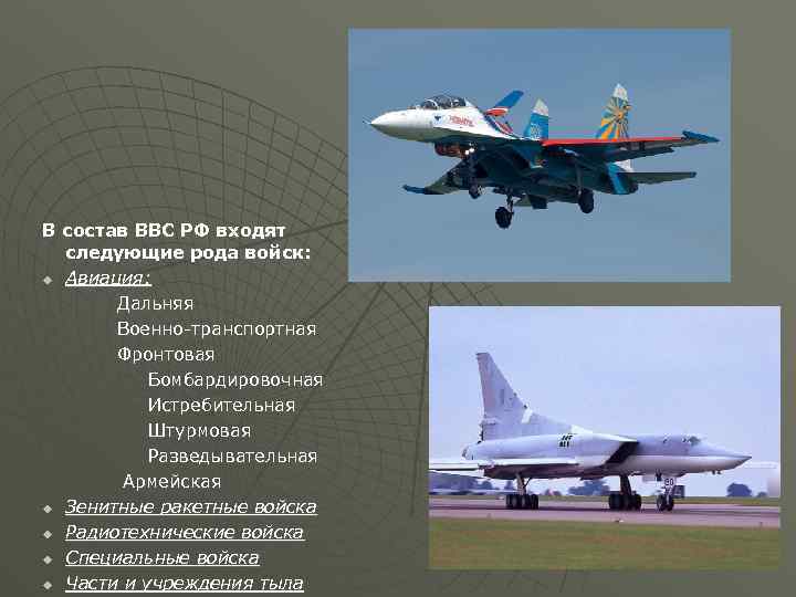 В состав ВВС РФ входят следующие рода войск: u Авиация: Дальняя Военно-транспортная Фронтовая Бомбардировочная