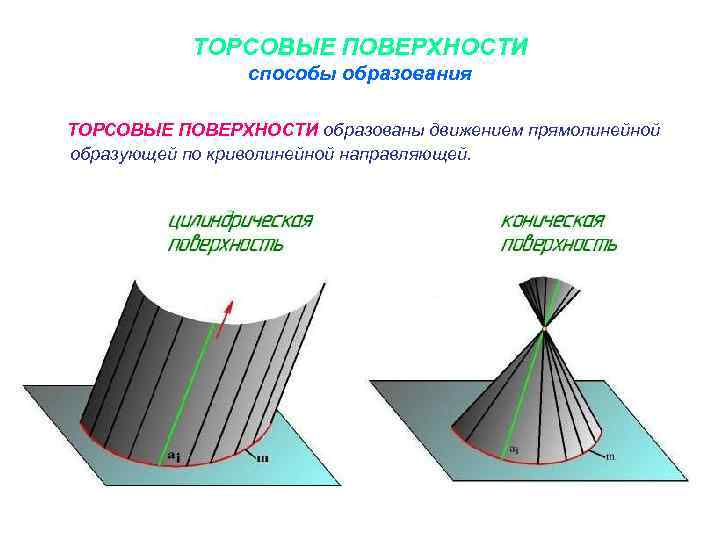 ТОРСОВЫЕ ПОВЕРХНОСТИ способы образования ТОРСОВЫЕ ПОВЕРХНОСТИ образованы движением прямолинейной образующей по криволинейной направляющей. 