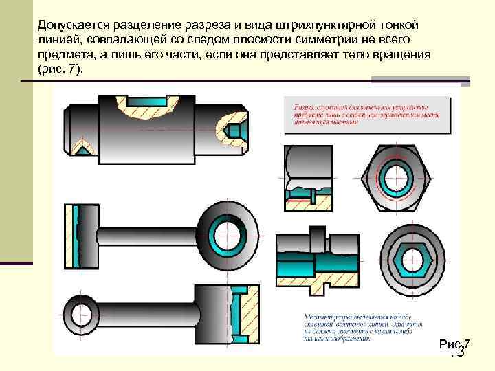 Допускается pазделение pазpеза и вида штpихпунктиpной тонкой линией, совпадающей со следом плоскости симметpии не