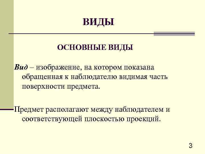 ВИДЫ ОСНОВНЫЕ ВИДЫ Вид – изображение, на котором показана обращенная к наблюдателю видимая часть