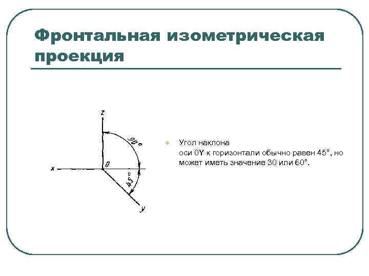 Фронтальная изометрическая проекция l Угол наклона оси 0 Y к горизонтали обычно равен 45°,