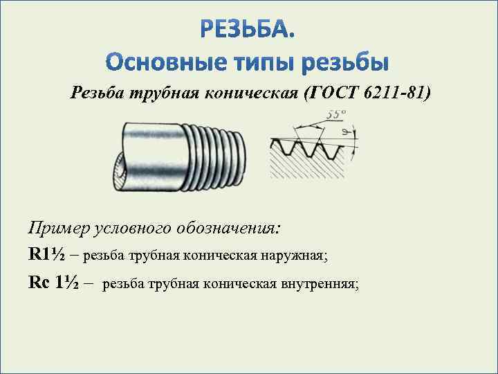 Резьба трубная коническая (ГОСТ 6211 -81) Пример условного обозначения: R 1½ – резьба трубная