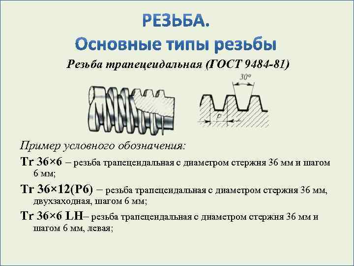 Резьба трапецеидальная (ГОСТ 9484 -81) Пример условного обозначения: Tr 36× 6 – резьба трапецеидальная