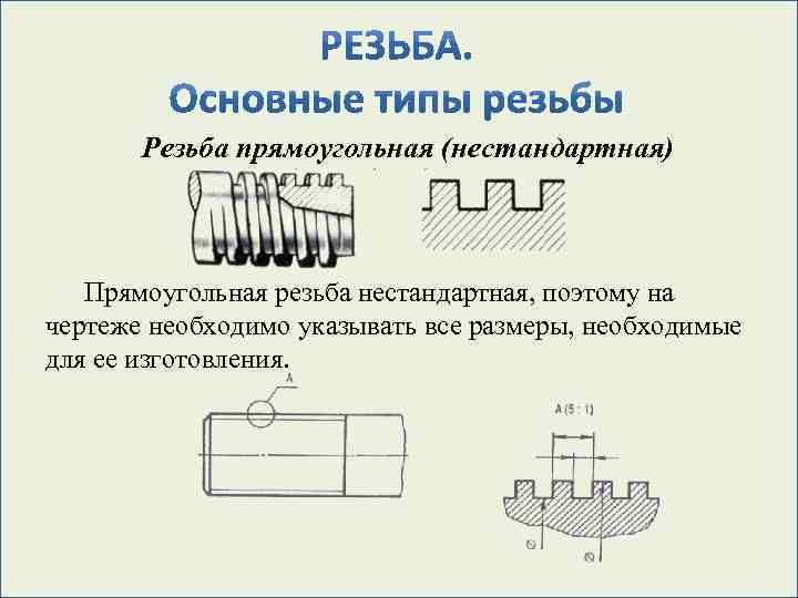 Резьба прямоугольная (нестандартная) Прямоугольная резьба нестандартная, поэтому на чертеже необходимо указывать все размеры, необходимые