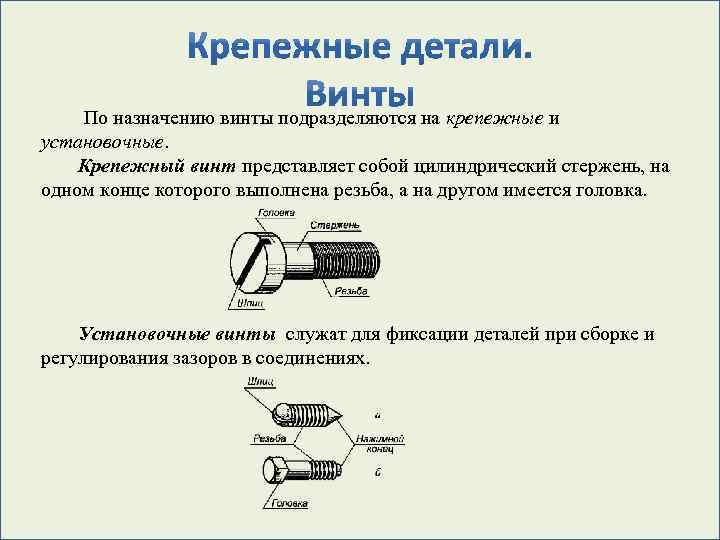 По назначению винты подразделяются на крепежные и установочные. Крепежный винт представляет собой цилиндрический стержень,