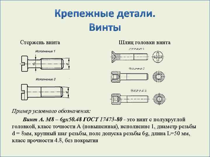 Стержень винта Шлиц головки винта Пример условного обозначения: Винт А. М 8 – 6