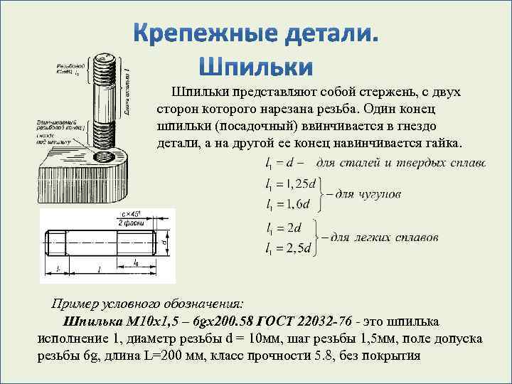 Шпильки представляют собой стержень, с двух сторон которого нарезана резьба. Один конец шпильки (посадочный)