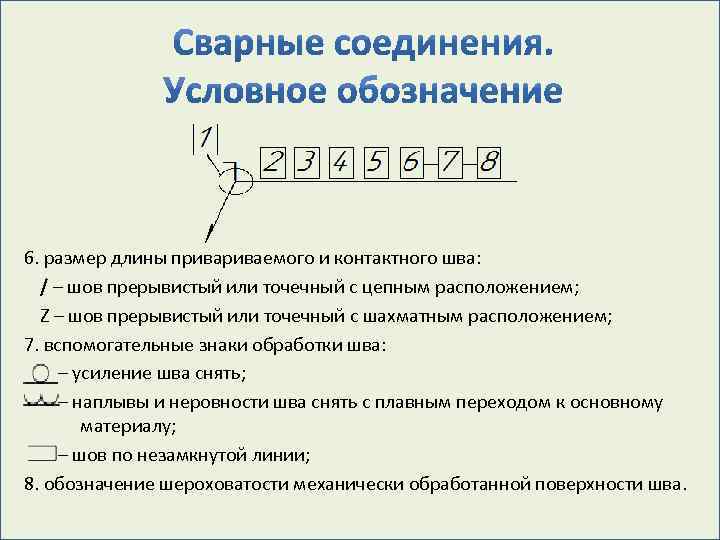 6. размер длины приваемого и контактного шва: / – шов прерывистый или точечный с