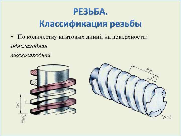  • По количеству винтовых линий на поверхности: однозаходная многозаходная 