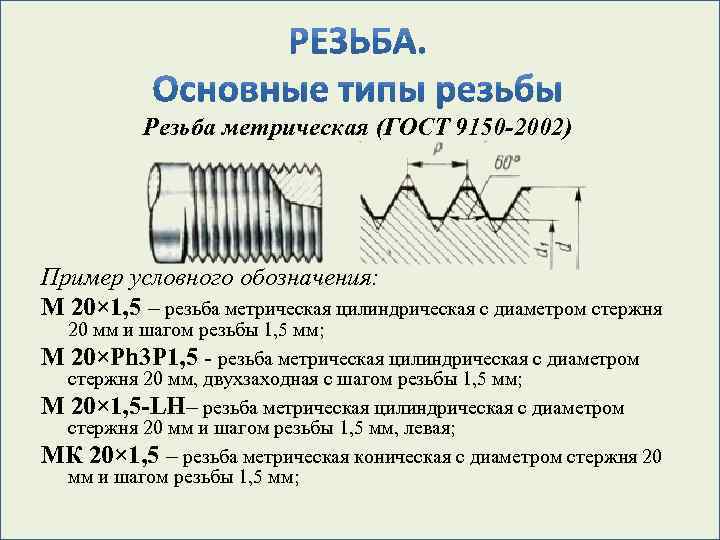 Резьба метрическая (ГОСТ 9150 -2002) Пример условного обозначения: М 20× 1, 5 – резьба