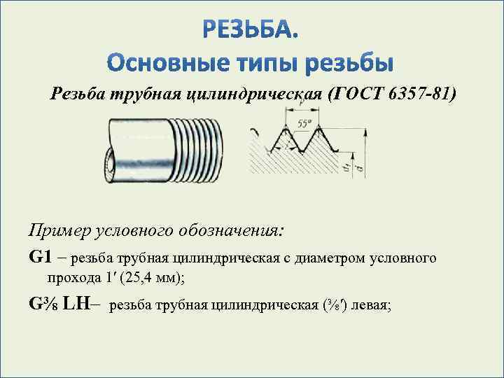 Резьба трубная цилиндрическая (ГОСТ 6357 -81) Пример условного обозначения: G 1 – резьба трубная