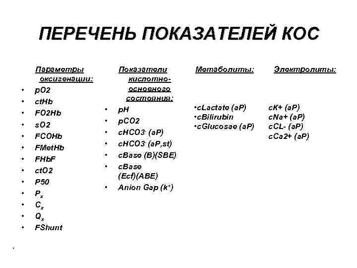 ПЕРЕЧЕНЬ ПОКАЗАТЕЛЕЙ КОС • • • • . Параметры оксигенации: р. О 2 сt.