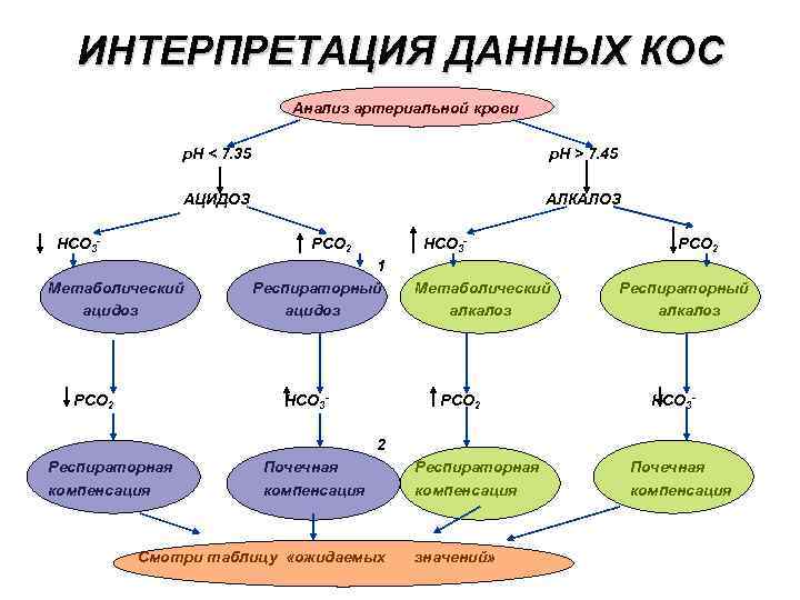ИНТЕРПРЕТАЦИЯ ДАННЫХ КОС Анализ артериальной крови р. Н < 7. 35 p. H >