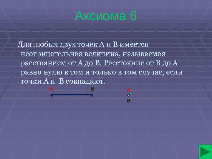 Аксиома 6 Для любых двух точек А и В имеется неотрицательная величина, называемая расстоянием