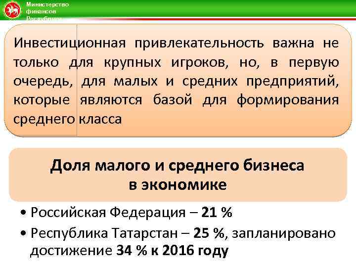 Министерство финансов Республики Татарстан Инвестиционная привлекательность важна не только для крупных игроков, но, в