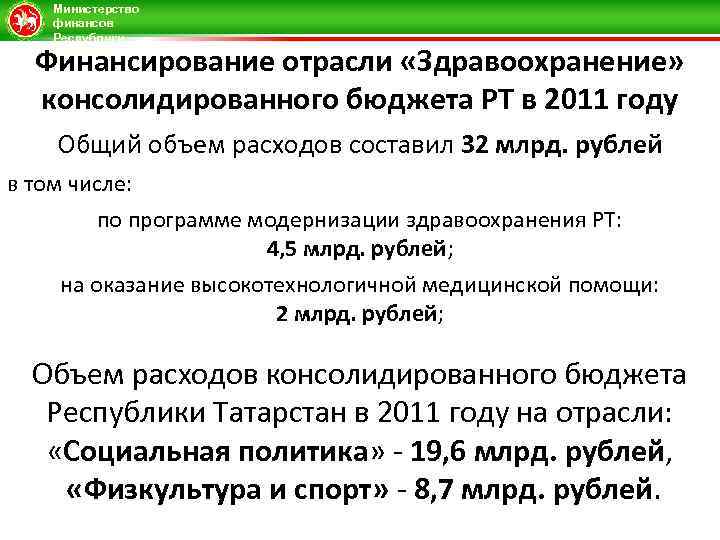 Министерство финансов Республики Татарстан Финансирование отрасли «Здравоохранение» консолидированного бюджета РТ в 2011 году Общий