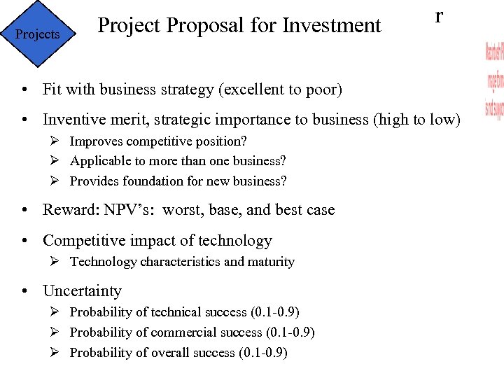 Projects Project Proposal for Investment r • Fit with business strategy (excellent to poor)