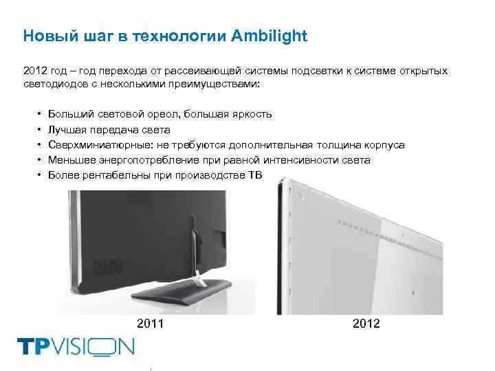 Новый шаг в технологии Ambilight 2012 год – год перехода от рассеивающей системы подсветки