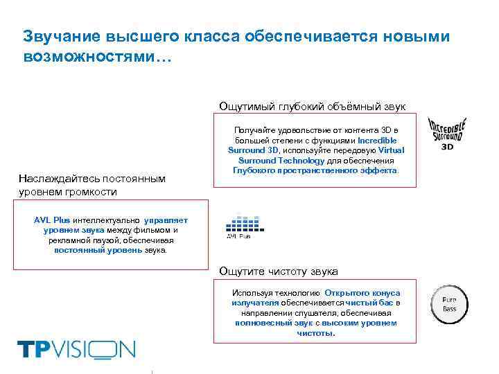 Звучание высшего класса обеспечивается новыми возможностями… Ощутимый глубокий объёмный звук Наслаждайтесь постоянным уровнем громкости