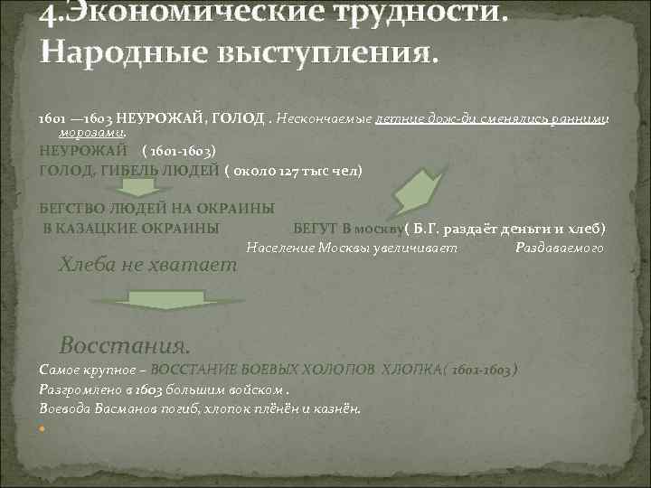 4. Экономические трудности. Народные выступления. 1601 — 1603 НЕУРОЖАЙ, ГОЛОД. Нескончаемые летние дож ди