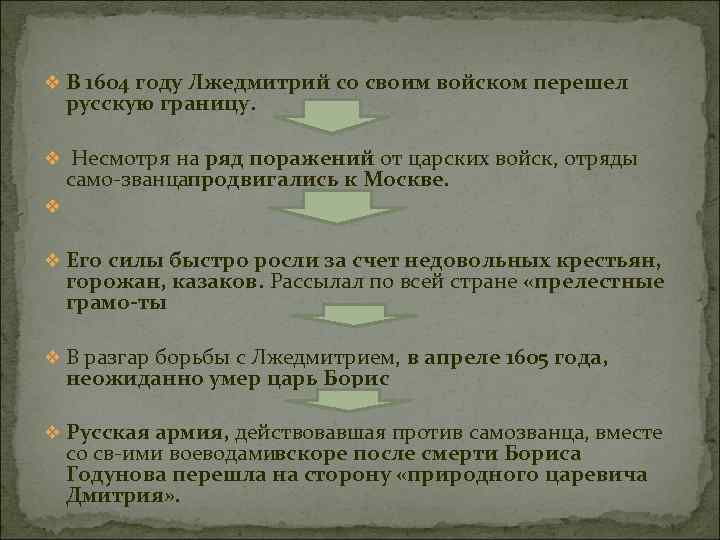 v В 1604 году Лжедмитрий со своим войском перешел русскую границу. v Несмотря на