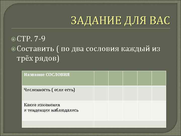 ЗАДАНИЕ ДЛЯ ВАС СТР. 7 9 Составить ( по два сословия каждый из трёх