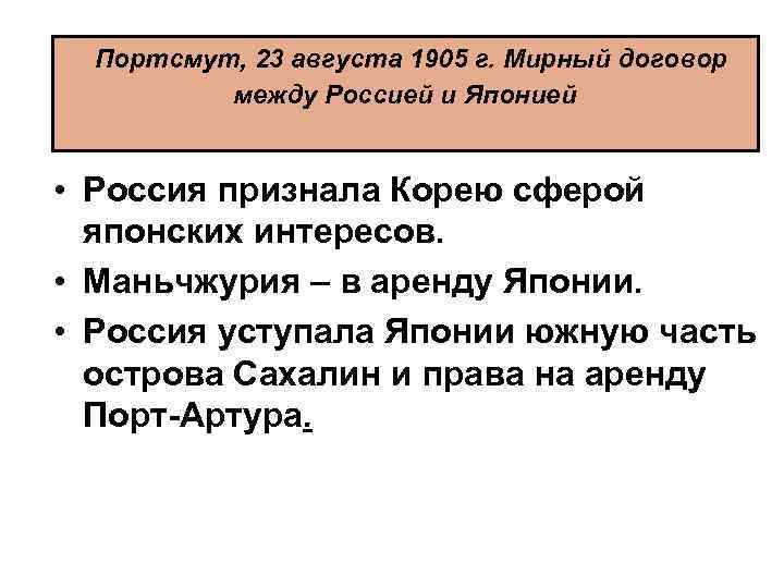 Портсмут, 23 августа 1905 г. Мирный договор между Россией и Японией • Россия признала