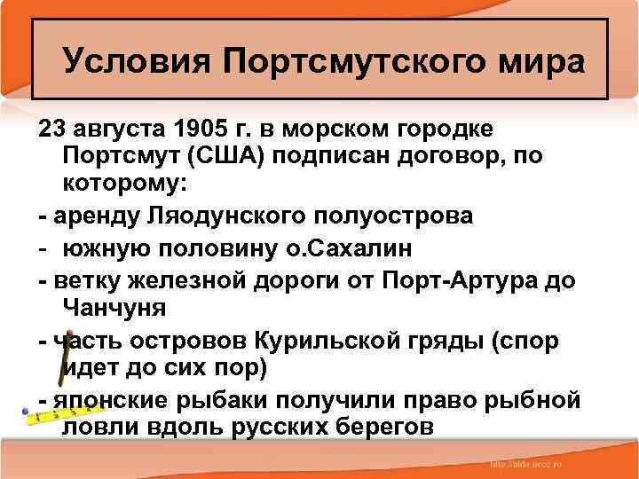 Условия Портсмутского мира 23 августа 1905 г. в морском городке Портсмут (США) подписан договор,