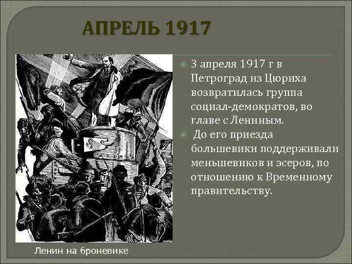 АПРЕЛЬ 1917 Ленин на броневике 3 апреля 1917 г в Петроград из Цюриха возвратилась