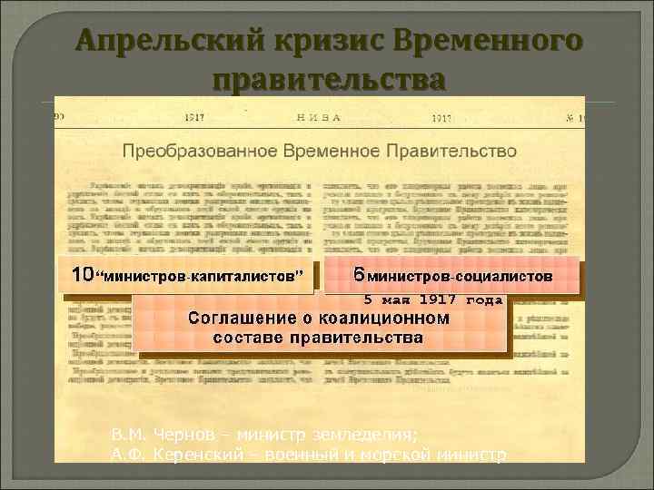 Апрельский кризис Временного правительства В. М. Чернов – министр земледелия; А. Ф. Керенский –
