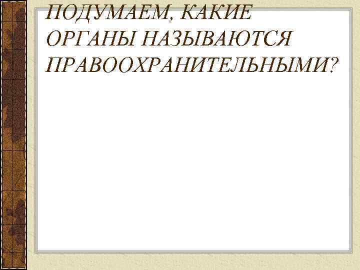 ПОДУМАЕМ, КАКИЕ ОРГАНЫ НАЗЫВАЮТСЯ ПРАВООХРАНИТЕЛЬНЫМИ? 