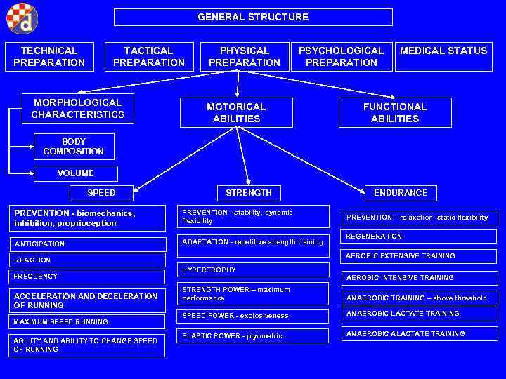 GENERAL STRUCTURE TECHNICAL PREPARATION TACTICAL PREPARATION MORPHOLOGICAL CHARACTERISTICS PHYSICAL PREPARATION PSYCHOLOGICAL PREPARATION MOTORICAL ABILITIES