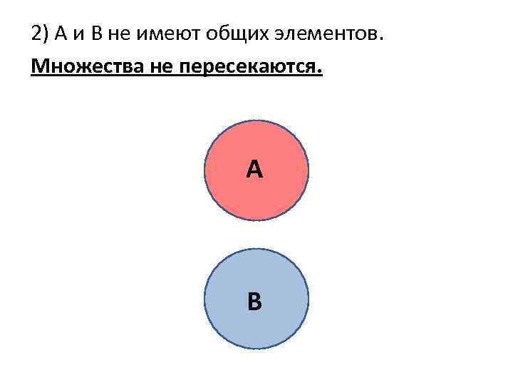 2) А и В не имеют общих элементов. Множества не пересекаются. А В 